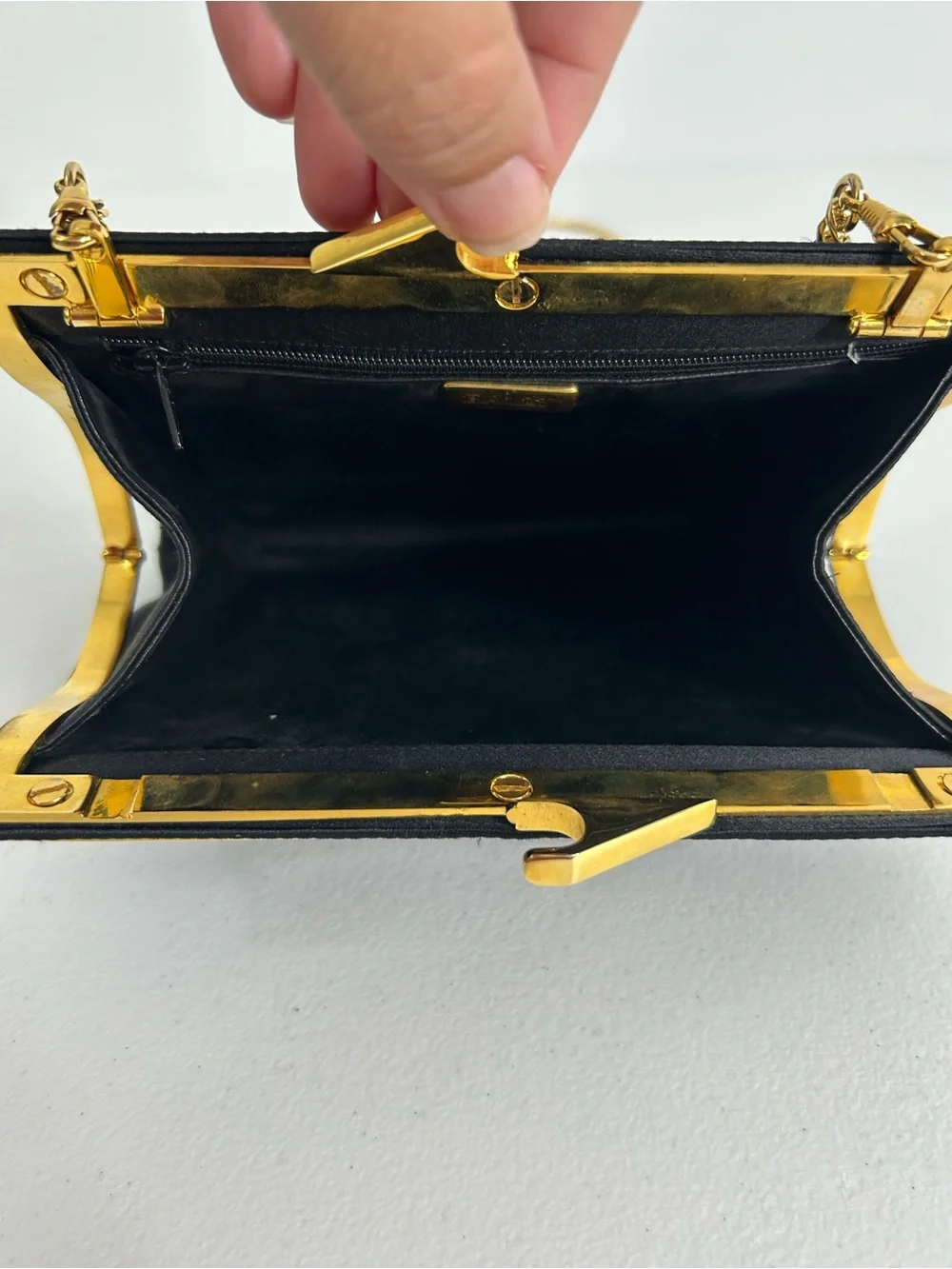Bally Vintage Black Satin Evening Bag Gold Chain Kiss Lock Clutch Made in Italy